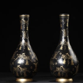 A Pair of Exquisite Black Lacquer Painted Gold Flower and Fruit Pattern Vase