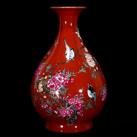 An Exquisite Famille-Rose Coral Red Glazed Flower and Bird Pattern Vase