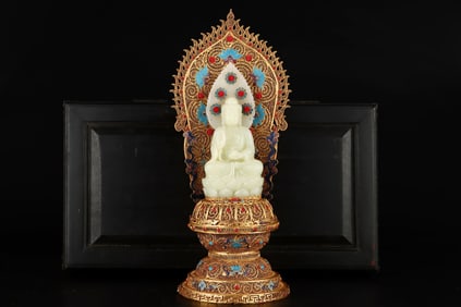 An Exquisite Gilt Bronze Inlaid White Jade Buddha Statue
