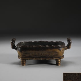 An Exquisite Bronze Landscape Pattern Double-Ears Censer