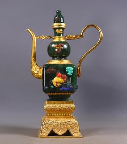 An Exquisite Jasper Cover with Gold Inlaid Gems Character and Story Pattern Ewer