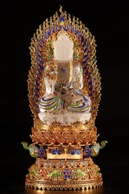 An Exquisite Gilt Bronze Inlaid Crystal Buddha Statue Ornament