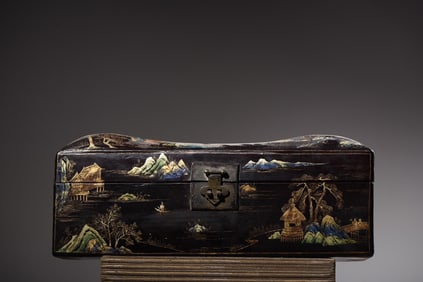 An Exquisite Black Lacquer Painted Gold Landscape and Figure Pattern Box
