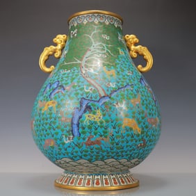 A Huge Cloisonne Pine and Deer Pattern Double-Ears Vase