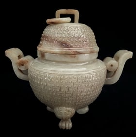 An Exquisite White Jade Double-Ears and Tripod Censer