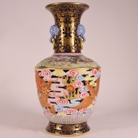 An Exquisite Enamel Ji Blue Glazed Painted Gold Dragon and Phoenix Pattern Character and Story
