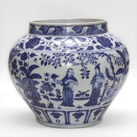 An Exquisite Blue and White Lotus Pattern Character and Story Pattern Jar