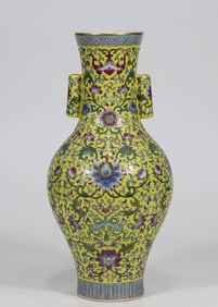 An Exquisite Famille-Rose Lotus Pattern Bats and Peach Pattern Double-Ears Vase