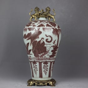 An Exquisite Blue and White Underglaze-Red Inlaid Bronze Character and Story Pattern Lotus Pattern