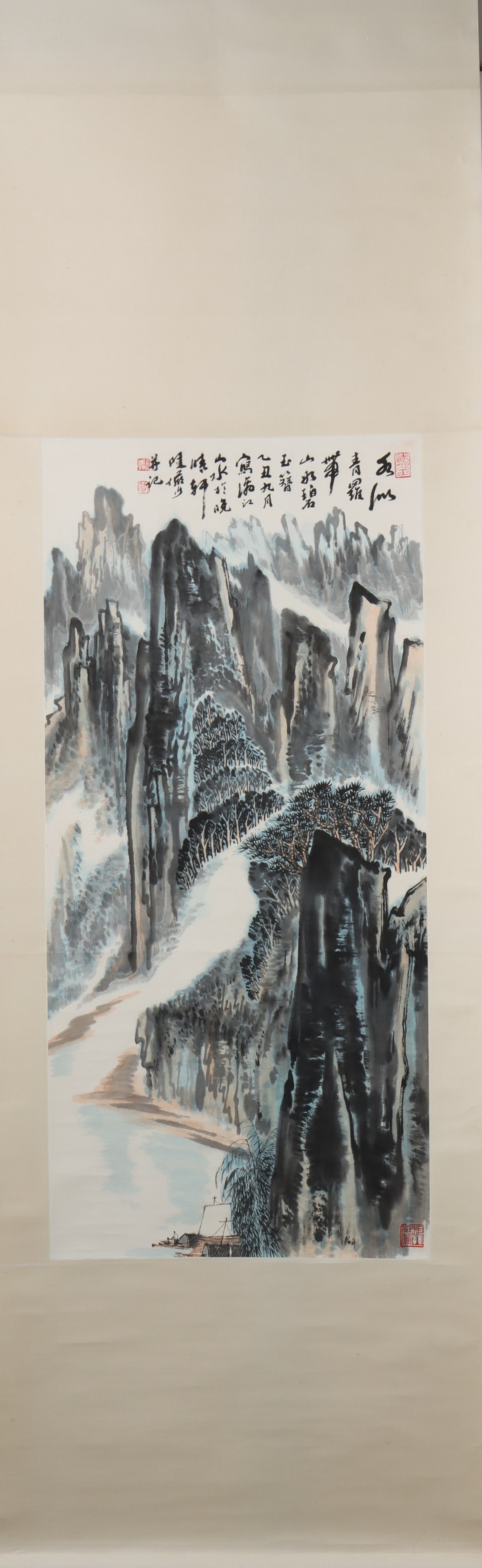 A Chinese Vertical Scroll Ink Painting of Landscape on Paper: A Chinese Vertical Scroll Ink Painting of Landscape on Paper Lu yanshao Size:38.2inx17.7in陆俨少山水 纸本立轴Size:97cmx45cm