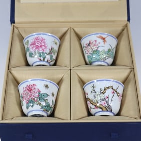 A Set of Fine Famille-Rose Flower and Butterfly Pattern with poem Cup