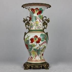 An Exquisite Famille-Rose Inlaid Bronze Flower Pattern Double-Ears Vase
