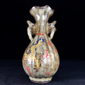 An Exquisite Guan yao Painted Color Dragon Pattern Double-Ears Vase