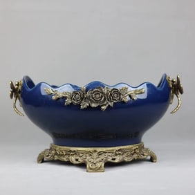 An Exquisite Ji Blue Glazed Inlaid Bronze Flower Pattern Double-Ears Plate