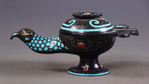 An Exquisite Bronze Inlaid Gold and Silver  Inlaid Turquoise Bird-Shaped Cup