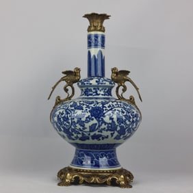 An Exquisite Blue and White Inlaid Bronze Lotus Pattern Seawater Pattern Double-Ears Vase