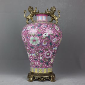 An Exquisite Famille-Rose Inlaid Bronze Lotus Pattern Double-Ears Vase