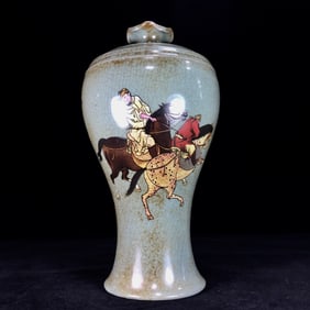 An Exquisite Ru yao Painted Color Figure Riding Horse Pattern Vase