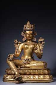 An Exquisite Gilt Bronze Inlaid Gems Statue of Tara