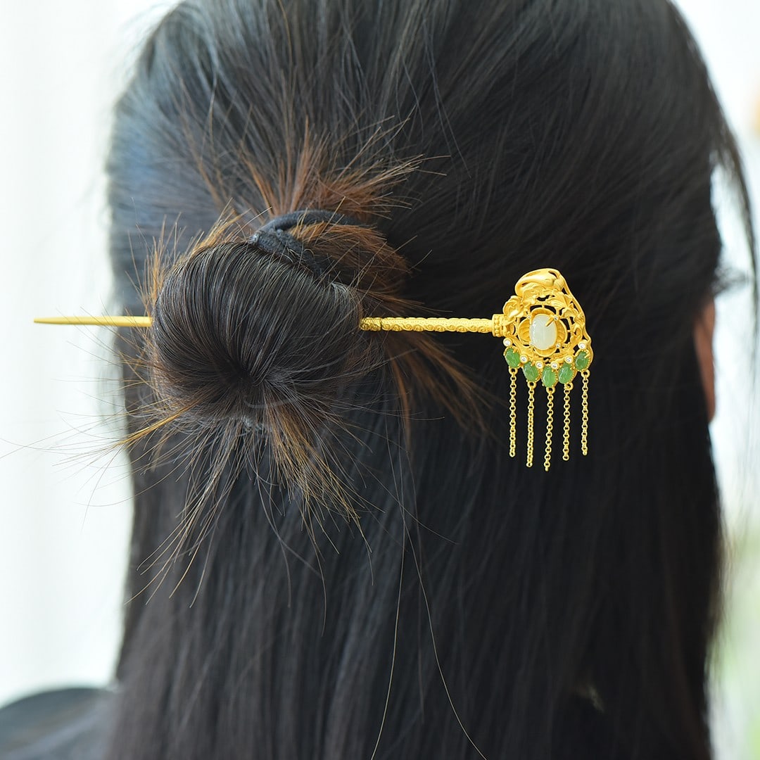 An Exquisite Sterling Silver-Gold Plated Inlaid White Jade Hairpin: An Exquisite Sterling Silver-Gold Plated Inlaid White Jade Hairpin,Size:7mmx9mm ??????????