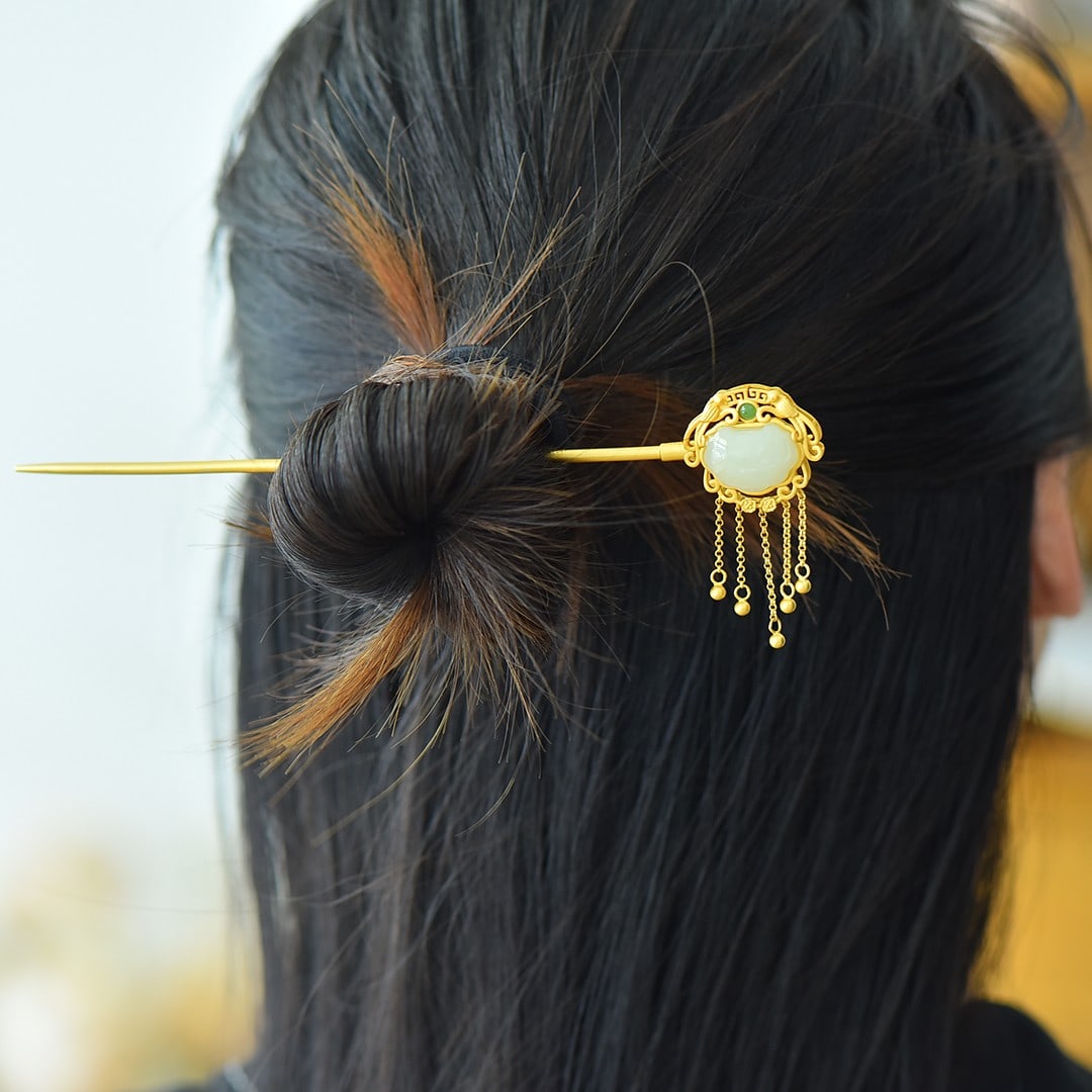 An Exquisite Sterling Silver-Gold Plated Inlaid White Jade Hairpin: An Exquisite Sterling Silver-Gold Plated Inlaid White Jade Hairpin ??????????
