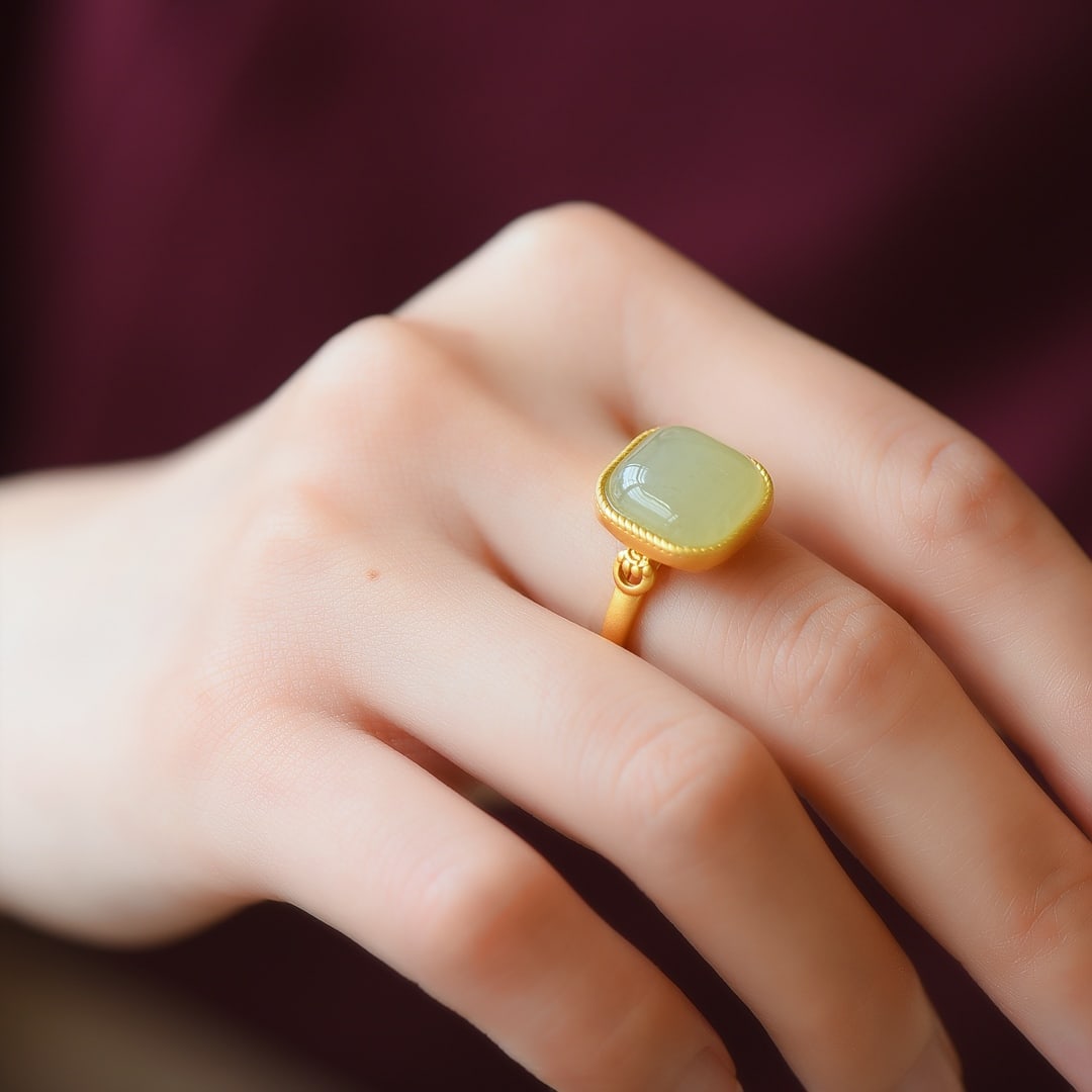 An Exquisite Sterling Silver-Gold Plated Inlaid White Jade Ring: An Exquisite Sterling Silver-Gold Plated Inlaid White Jade Ring,Size:12mmx12mm ?????????