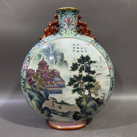A Rare Turquoise Ground Famille-Rose Painted Gold Landscape and Figure Pattern Dragon-Ears Vase,With