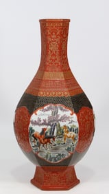A Huge Red Glazed Famille-Rose Painted Gold Lotus and Animal Pattern Vase