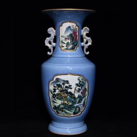 A Huge Blue Glazed Famille-Rose Painted Gold Landscape and Figure Pattern Dragon-Ears Vase