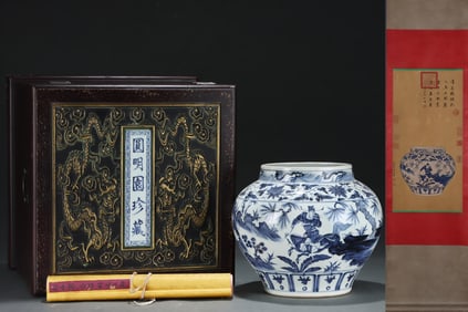 A Rare Blue and White Lotus,Character and Story Pattern Jar,With Vertical Scroll Painting on Silk