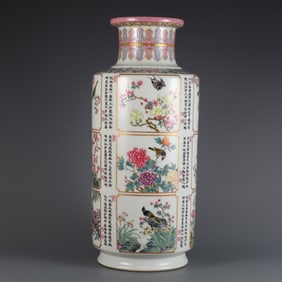 A Huge Famille-Rose Painted Gold Flower and Bird Pattern Vase,With Poem