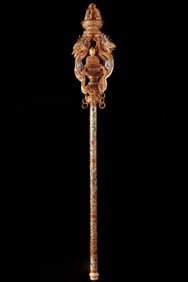 A Huge Flower silk gold-plated Buddha and Dragon Pattern Monk’s staff?Inlaid Gems