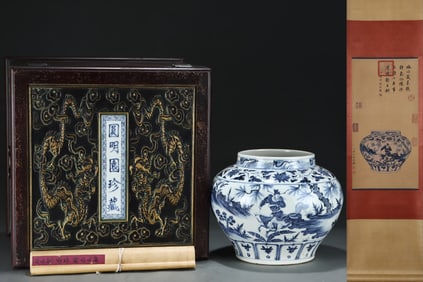 A Rare Blue and White Lotus,Character and Story Pattern Jar,With Vertical Scroll Painting on Silk