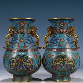 A Pair of Exquisite Cloisonne Lotus and Dragon Pattern Dragon-Ears Vases