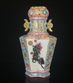 An Exquisite Enamel Painted Gold Figure,Bats and Peach Pattern Double-Ears Vase