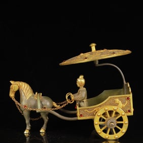 An Exquisite Gilt Silver Dragon and Phoenix Pattern Figure Carriage,Inlaid Gems