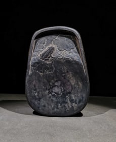 An Exquisite Lotus Leaf and Frog Pattern Inkstone,With Poem