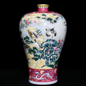 A Rare Enamel Ruby Red-Glazed Painted Gold Auspicious Cloud,Pine and Crane Pattern Vase,With Poem