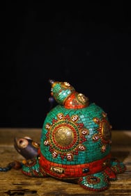 A Rare Meteorite Inlaid Dzi Bead and Turquoise Turtle Ornament