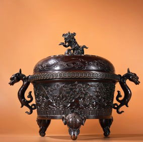 An Exquisite Bronze Eight Treasures Pattern Dragon-Ears Tripod Censer,With Beast Cover
