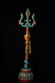 A Rare Bronze Inlaid Dzi Bead and Turquoise Ornament,With Base