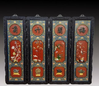 A Set of Huge Zitanwood Plum Blossom,Orchid,Bamboo and Chrysanthemum Pattern Hanging Panels, Inlaid