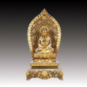 A Rare Gilt Silver Statue of Sakyamuni,Inlaid Gems