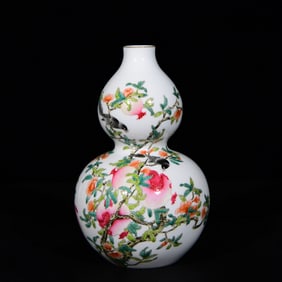 An Exquisite Enamel Painted Gold Pomegranate,Flower and Bird Pattern Gourd-Shaped Vase,With Poem