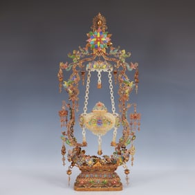 A Huge Filigree and Gilding Inlaid White Jade Double-Ears Vase,Inlaid Gems