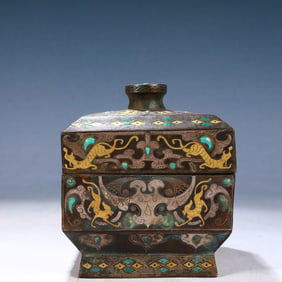An Exquisite Bronze Inlaid Gold and Silver Auspicious Beast Pattern Beast-Ears Bottle