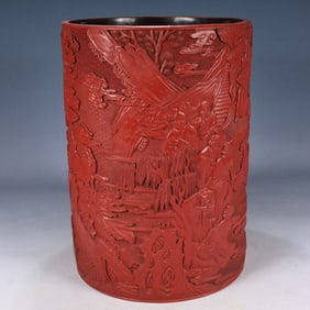 A Rare Carved Red Lacquer Landscape and Figure Pattern Brush Pot
