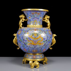 A Rare Cloisonne Lotus and Dragon and Phoenix Pattern Double-Ears Vase