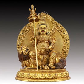 A Solemn Gilt Bronze Statue of Mammon Rides the Lion,With Inscription