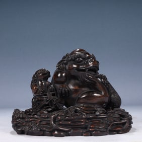 An Exquisite Redwood Lion Ornament,With Base